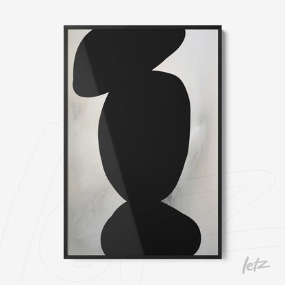 quadro moderno com formas abstratas em preto sobre fundo claro, moldura preta fina