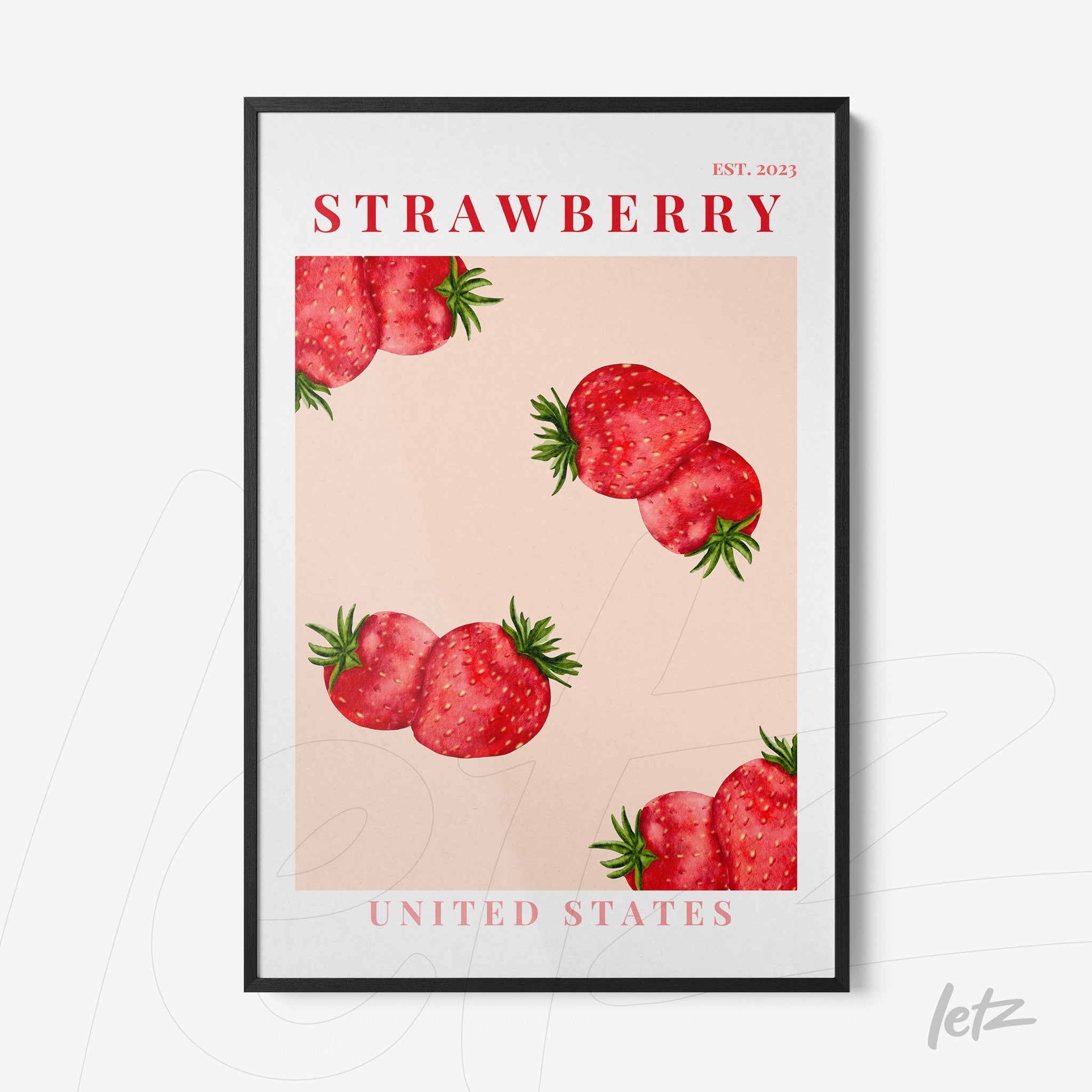 quadro com ilustração de morangos em fundo rosa, moldura preta e texto 'STRAWBERRY UNITED STATES EST. 2023'