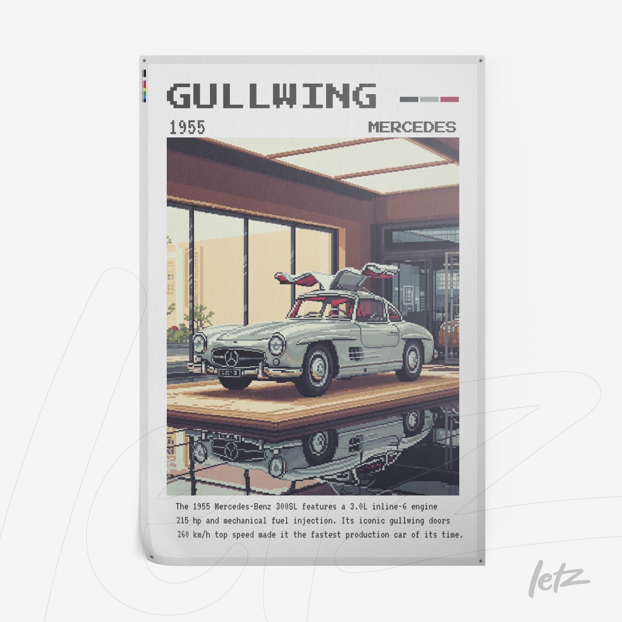 arte com ilustração pixelada de um carro Mercedes Gullwing de 1955 em fundo minimalista