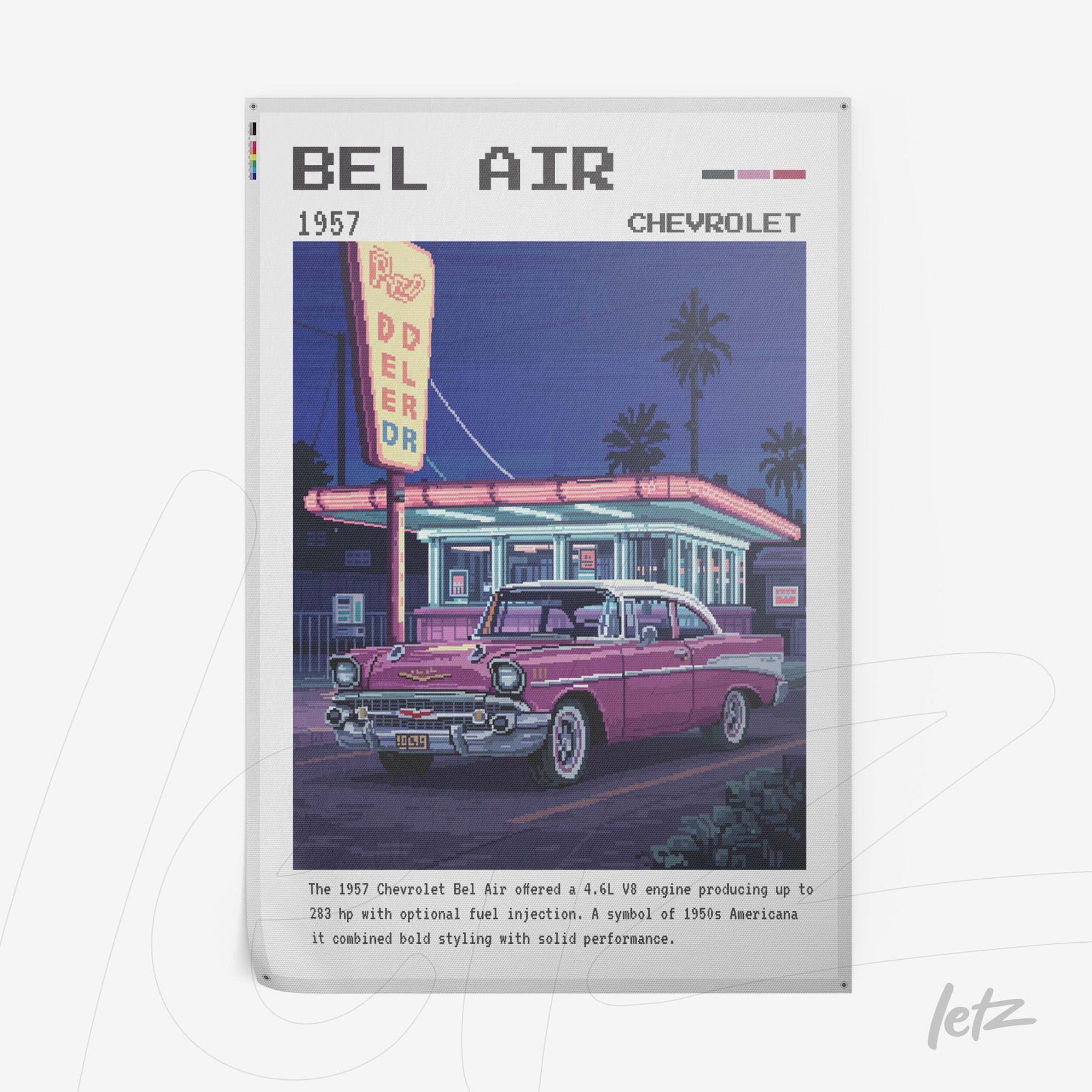 quadro com arte digital retrô do Chevrolet Bel Air 1957, destacando um carro rosa sob neon em fundo de um posto de gasolina