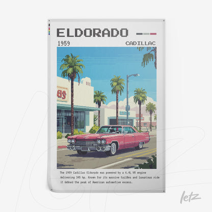 quadro com arte retrô de um Cadillac Eldorado de 1959 com fundo de loja e palmeiras