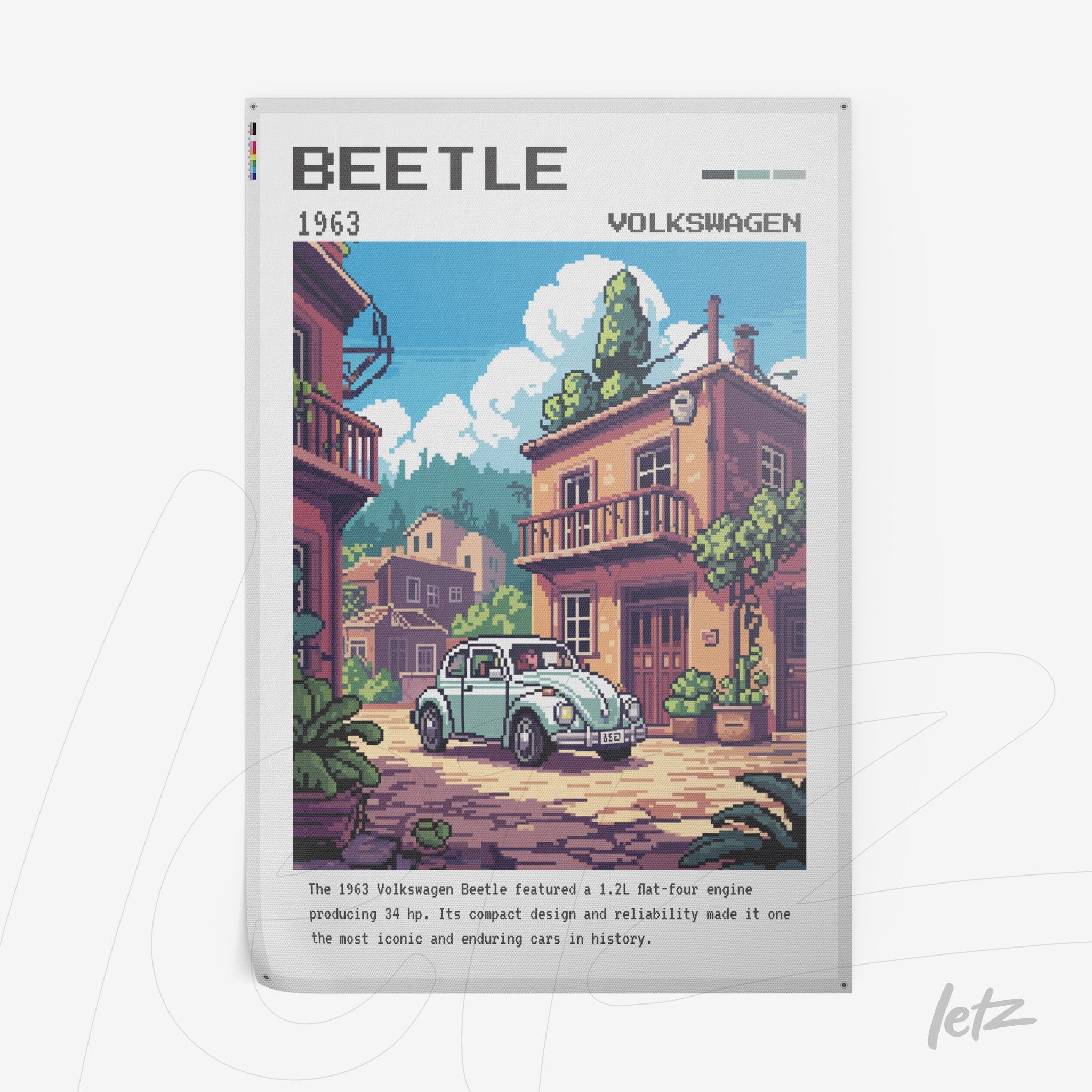 quadro com arte pixelada do carro Volkswagen Beetle 1963 em uma cena urbana com edificações