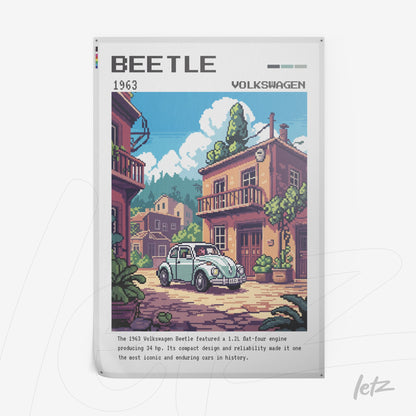 quadro com arte pixelada do carro Volkswagen Beetle 1963 em uma cena urbana com edificações