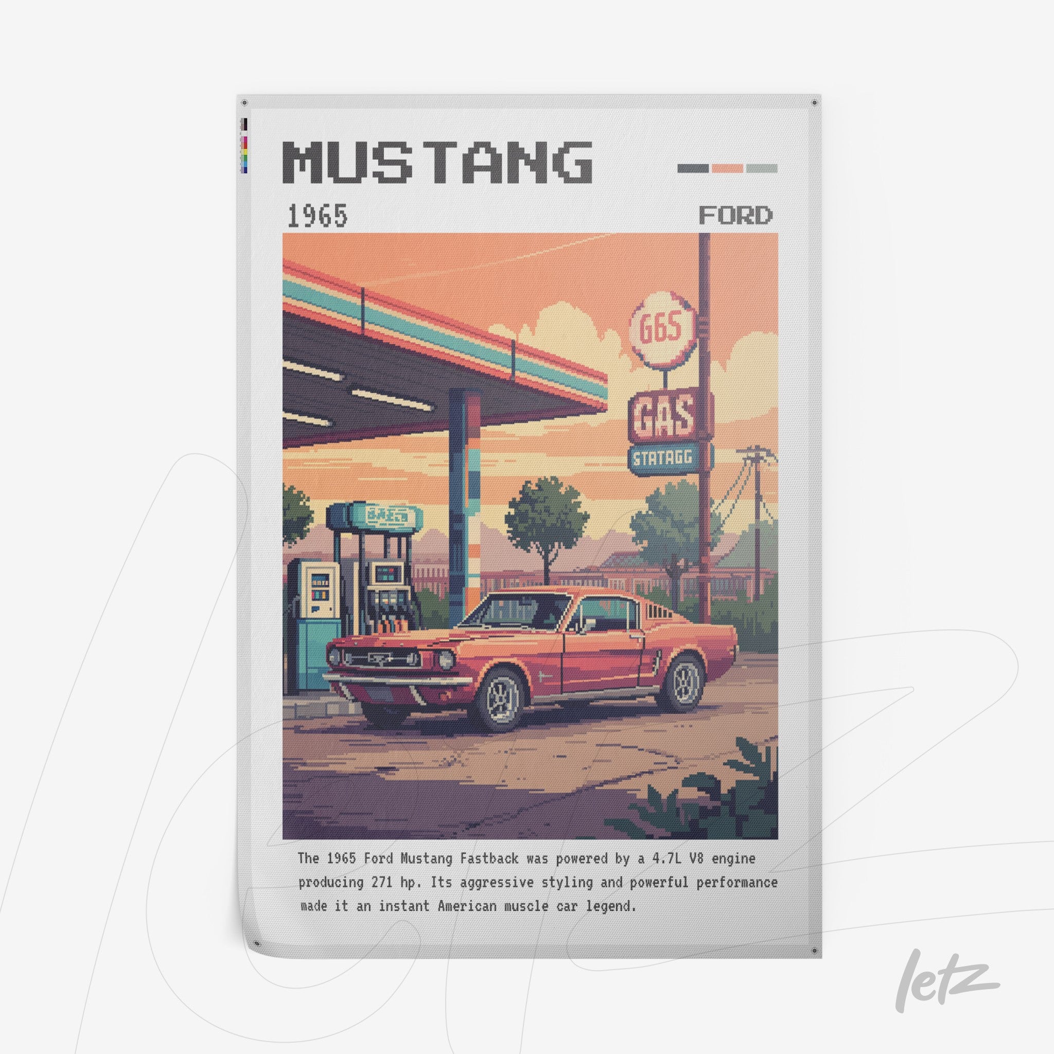 quadro com arte digital retrô de um carro Mustang vermelho em uma cena de posto de gasolina com detalhes em pixel art