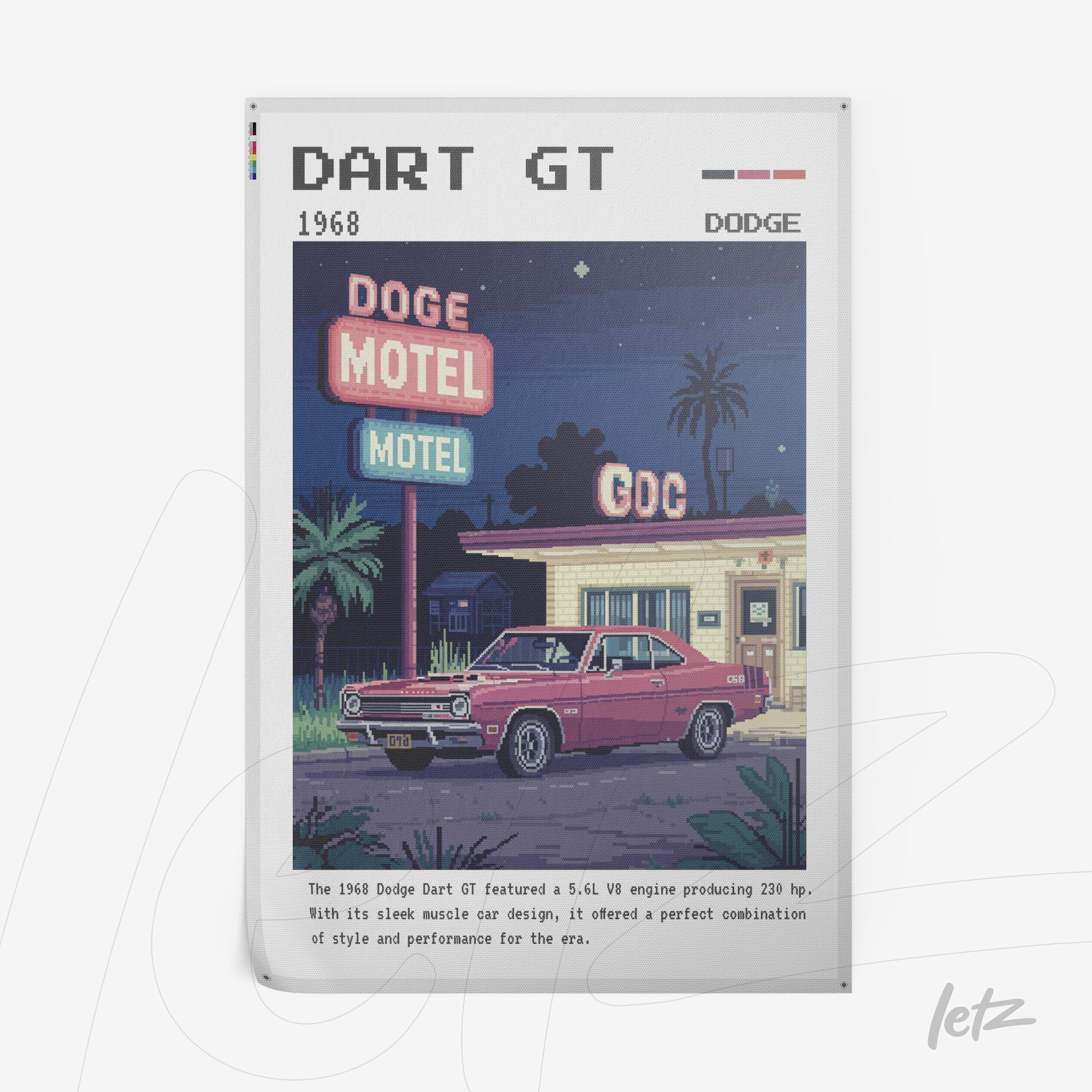 quadro com ilustração retro do Dodge Dart GT em frente a um motel, com cores vibrantes e estilo pixel art