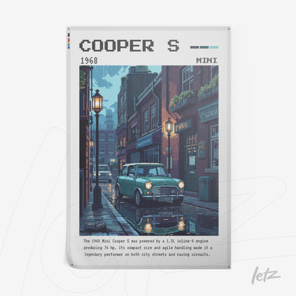 quadro com ilustração de rua vintage mostrando um carro Mini Cooper S de 1968 sob um lampião em um ambiente noturno