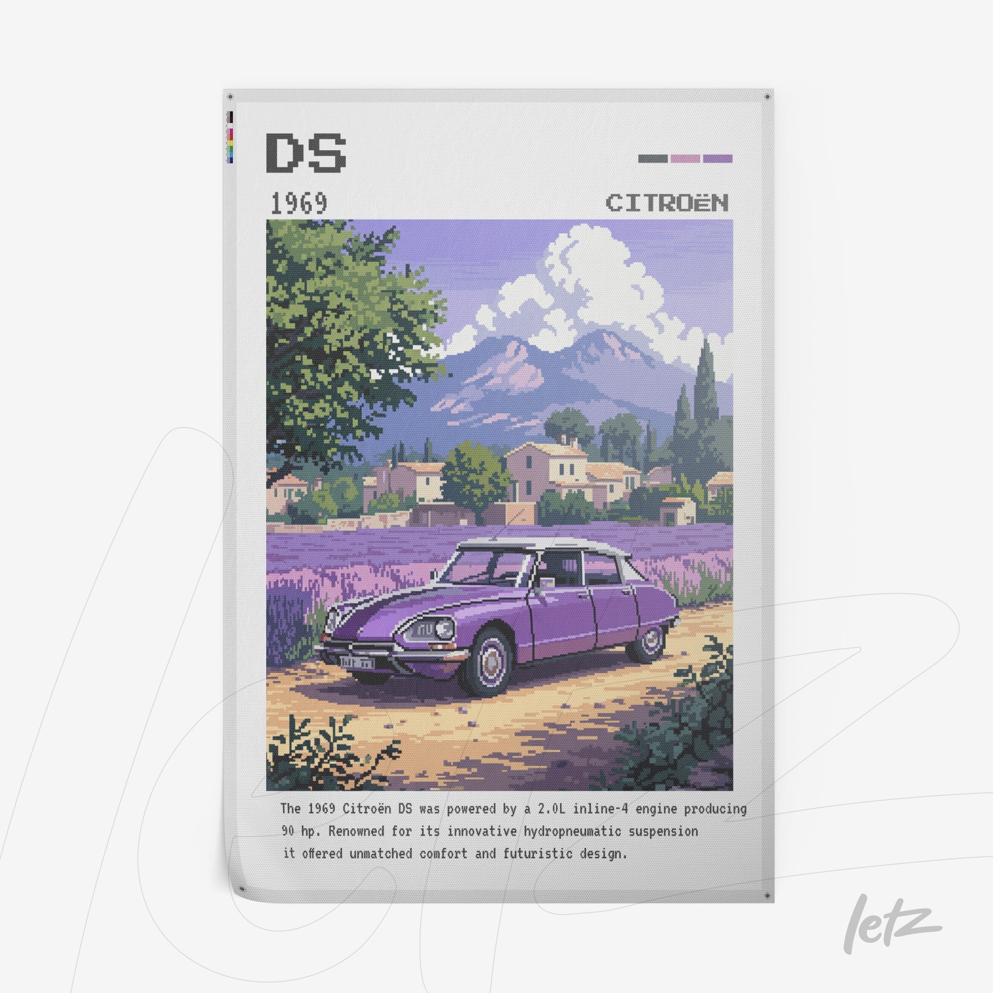 quadro com arte pixelada de um carro Citroën DS 1969 em uma paisagem rural com montanhas ao fundo