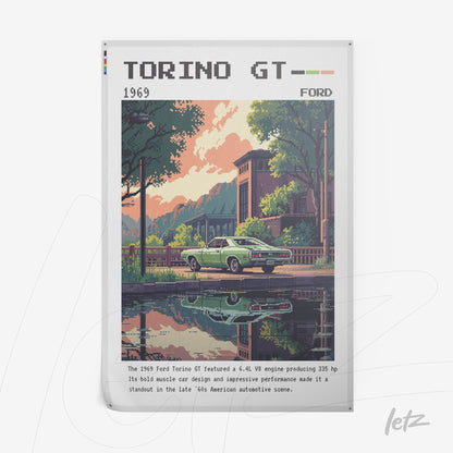 quadro com arte pixelada do carro Ford Torino GT de 1969 em um cenário urbano