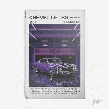 pôster com arte digital do carro Chevelle SS 1970 em estilo pixel art e fundo retro