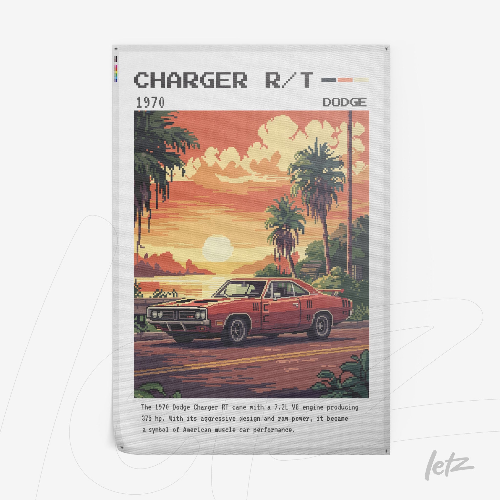 quadro com arte pixelada de um carro Dodge Charger R/T vermelho em um pôr do sol na praia, moldura branca