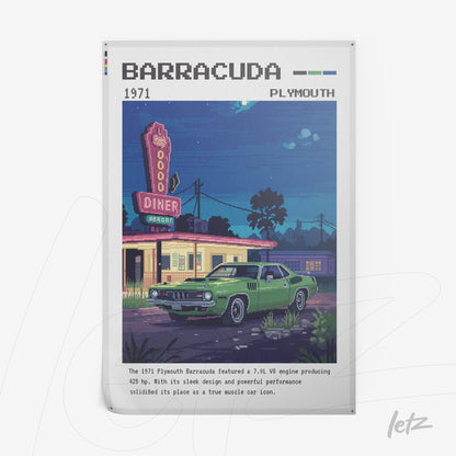 quadro com ilustração em estilo pixel art de um carro Plymouth Barracuda verde em frente a um diner iluminado