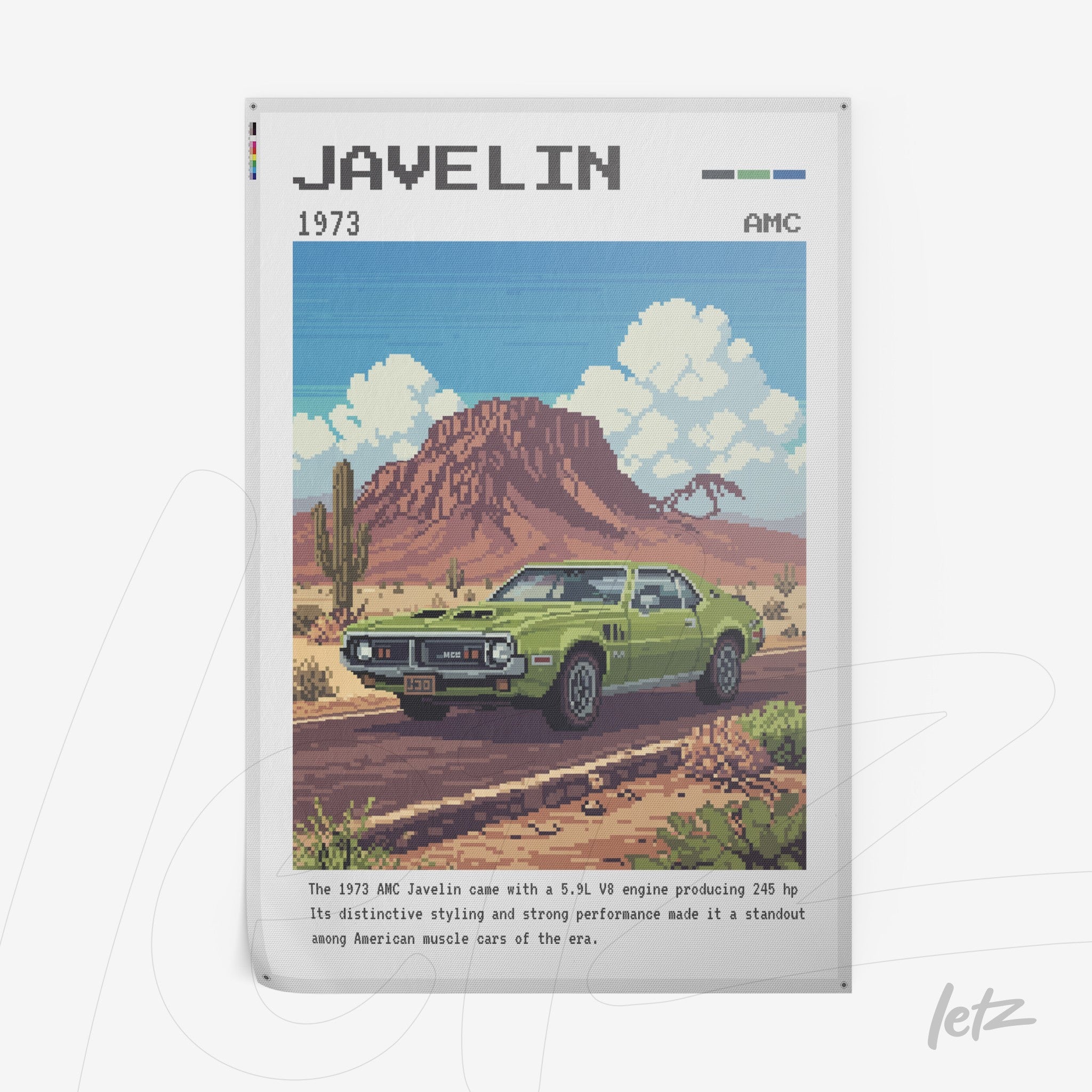 arte digital de um carro Javelin verde em um cenário desértico com montanhas ao fundo, estilo pixel art