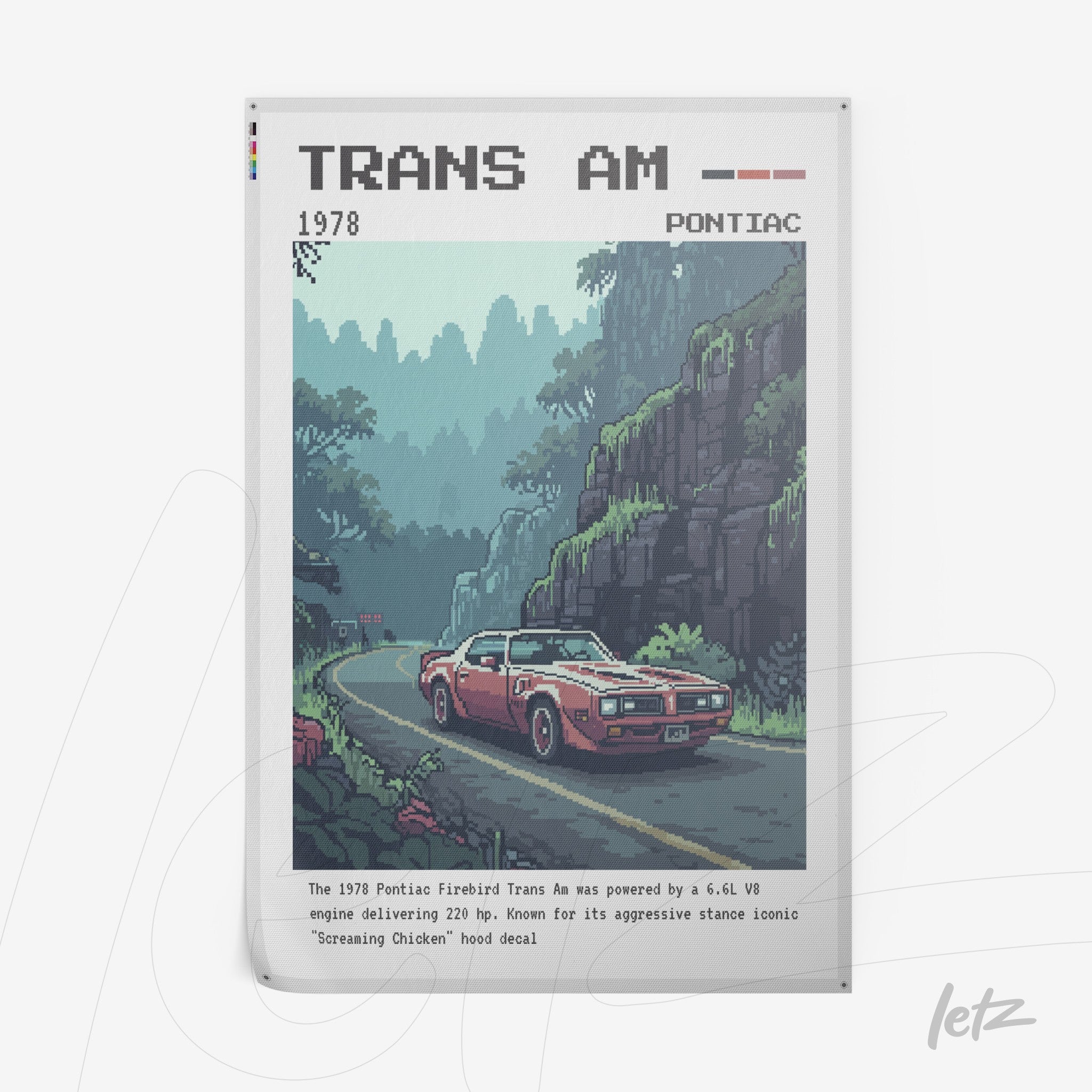 pôster impresso com arte retrô de um carro Pontiac Trans Am 1978 em uma estrada sinuosa com montanhas ao fundo