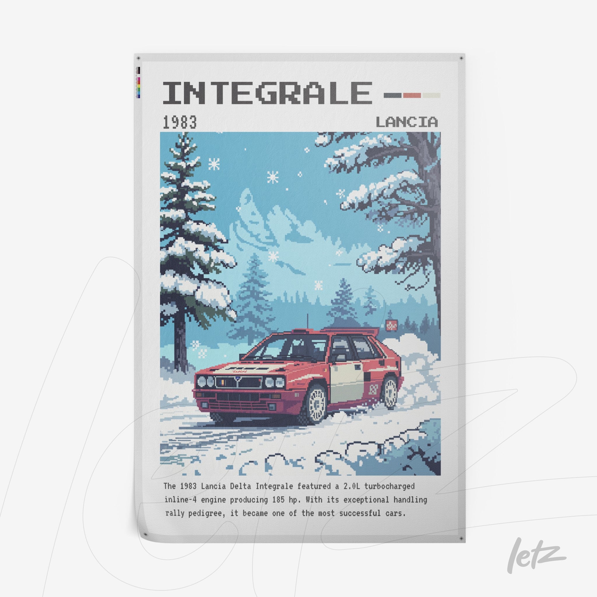 arte digital de carro esportivo Lancia Delta Integrale em estilo pixelado com fundo de montanha e neve