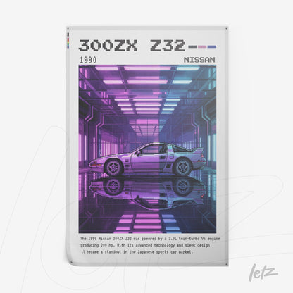 quadro com arte digital de um carro Nissan 300ZX Z32 em um ambiente futurista com iluminação neon