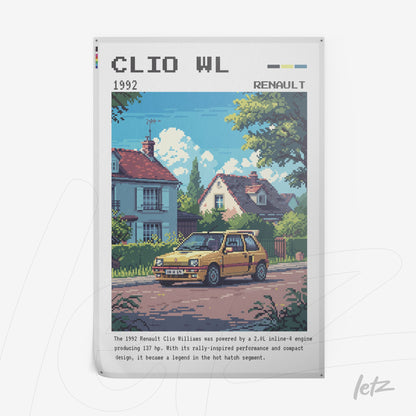 quadro com arte pixelada do carro Renault Clio Williams em uma rua residencial cercada por casas e árvores