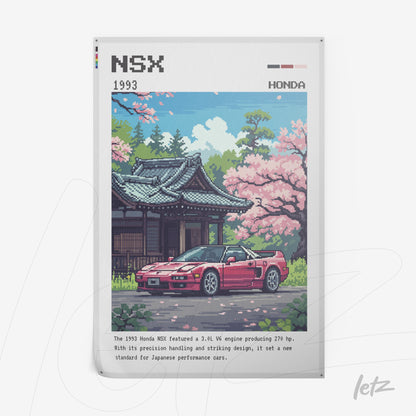quadro com arte pixelada do carro Honda NSX de 1993 em frente a um pavilhão japonês rodeado por cerejeiras em flor