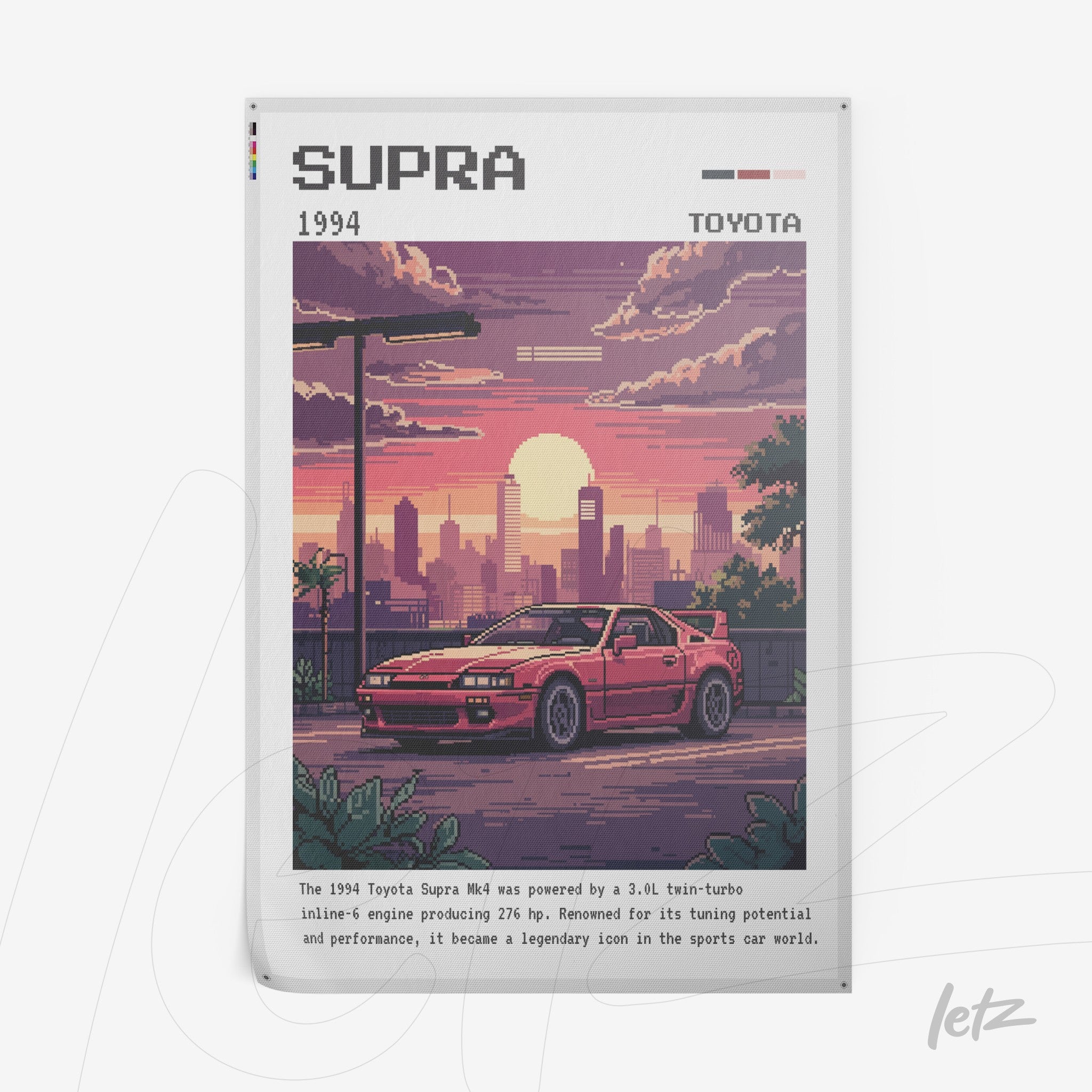 pôster com arte pixelada de um Toyota Supra vermelho na cidade ao pôr do sol, com detalhes vintage e tipografia em cima