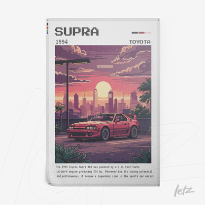 pôster com arte pixelada de um Toyota Supra vermelho na cidade ao pôr do sol, com detalhes vintage e tipografia em cima