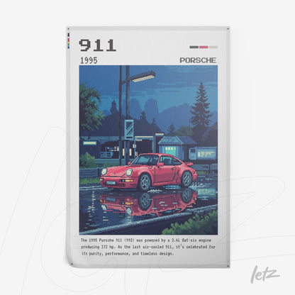 arte digital de um Porsche 911 vermelho refletindo em uma poça d'água sob a luz de um posto de gasolina à noite, em estilo pixel art