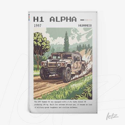 quadro com arte em pixel art de um Hummer H1 1997 em movimento por uma estrada cercada de árvores, com estilo retrô e fundo verde