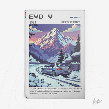 quadro com arte retrô do Mitsubishi Lancer Evolution V em uma estrada de montanha com neve