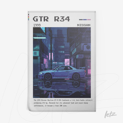quadro com arte digital do carro Nissan Skyline GT-R R34 em estilo retrô, exibindo cidade futurista iluminada à noite