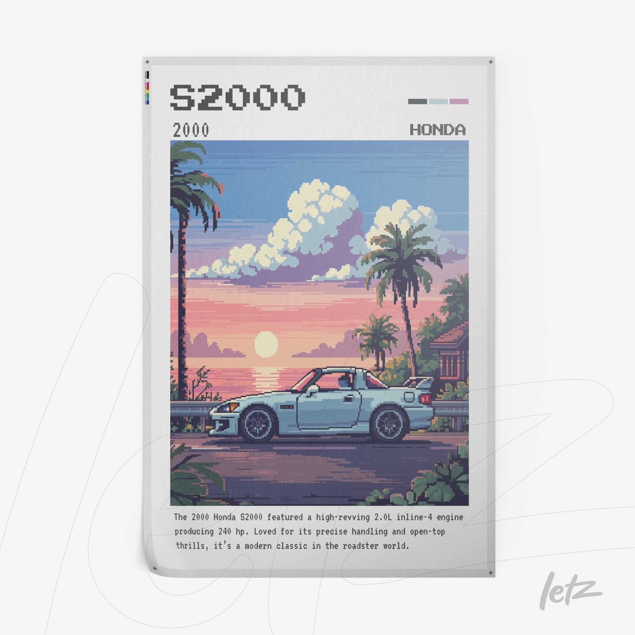 quadro com arte pixelada do carro esportivo Honda S2000 em uma paisagem de pôr do sol
