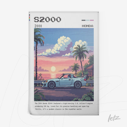 quadro com arte pixelada do carro esportivo Honda S2000 em uma paisagem de pôr do sol