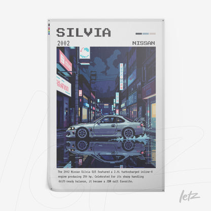 ilustração em estilo pixel art do carro Nissan Silvia 2002, destacado em um ambiente urbano noturno com edifícios iluminados