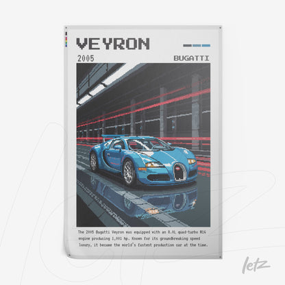 quadro em tela canvas com ilustração em pixel art do carro Bugatti Veyron 2005 em fundo urbano ilustrado