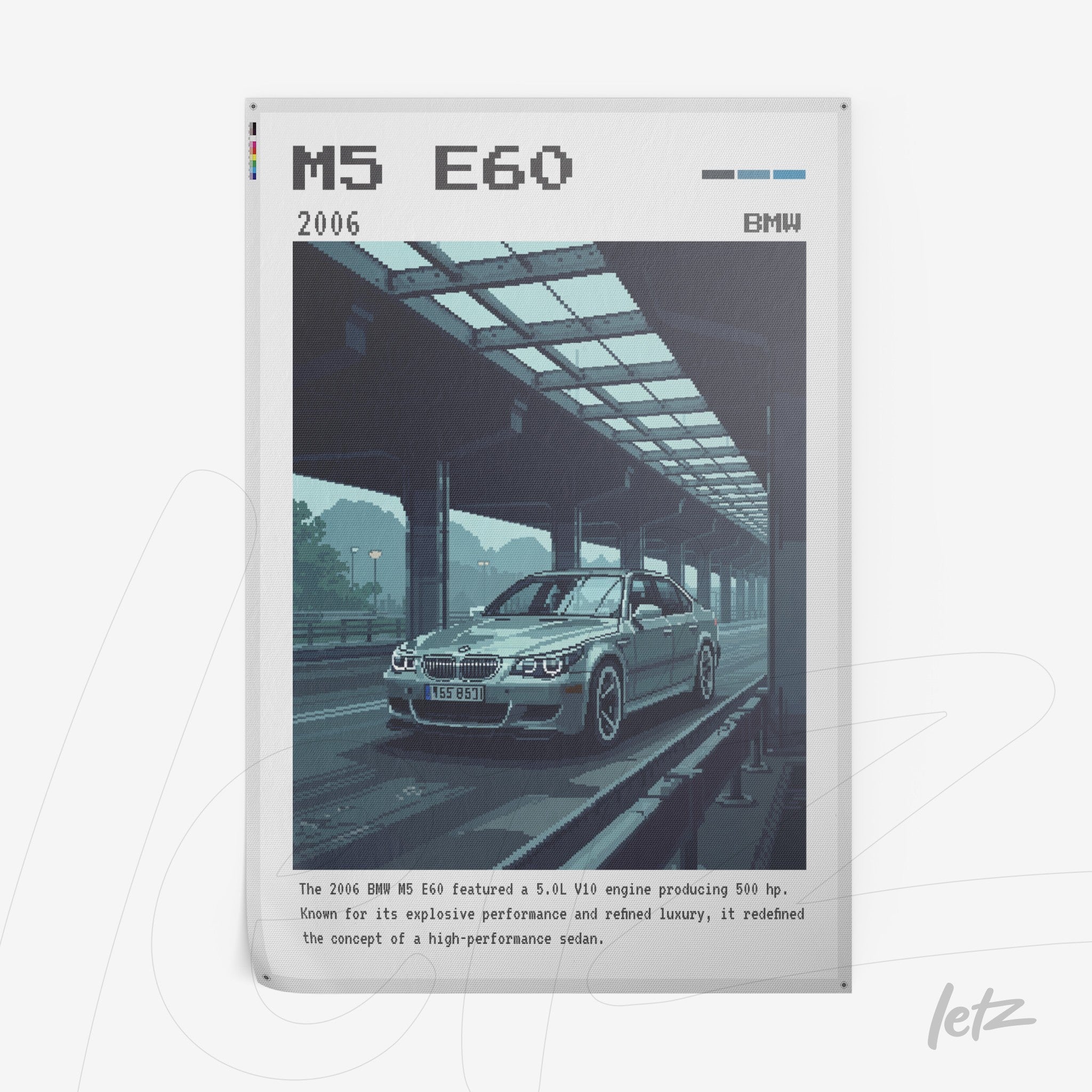 quadro em estilo pixel art do carro BMW M5 E60, com fundo de estação e texto informativo na parte inferior
