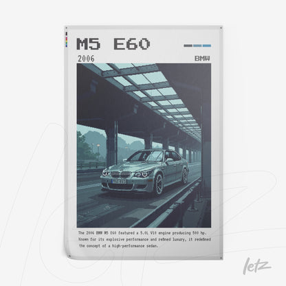 quadro em estilo pixel art do carro BMW M5 E60, com fundo de estação e texto informativo na parte inferior