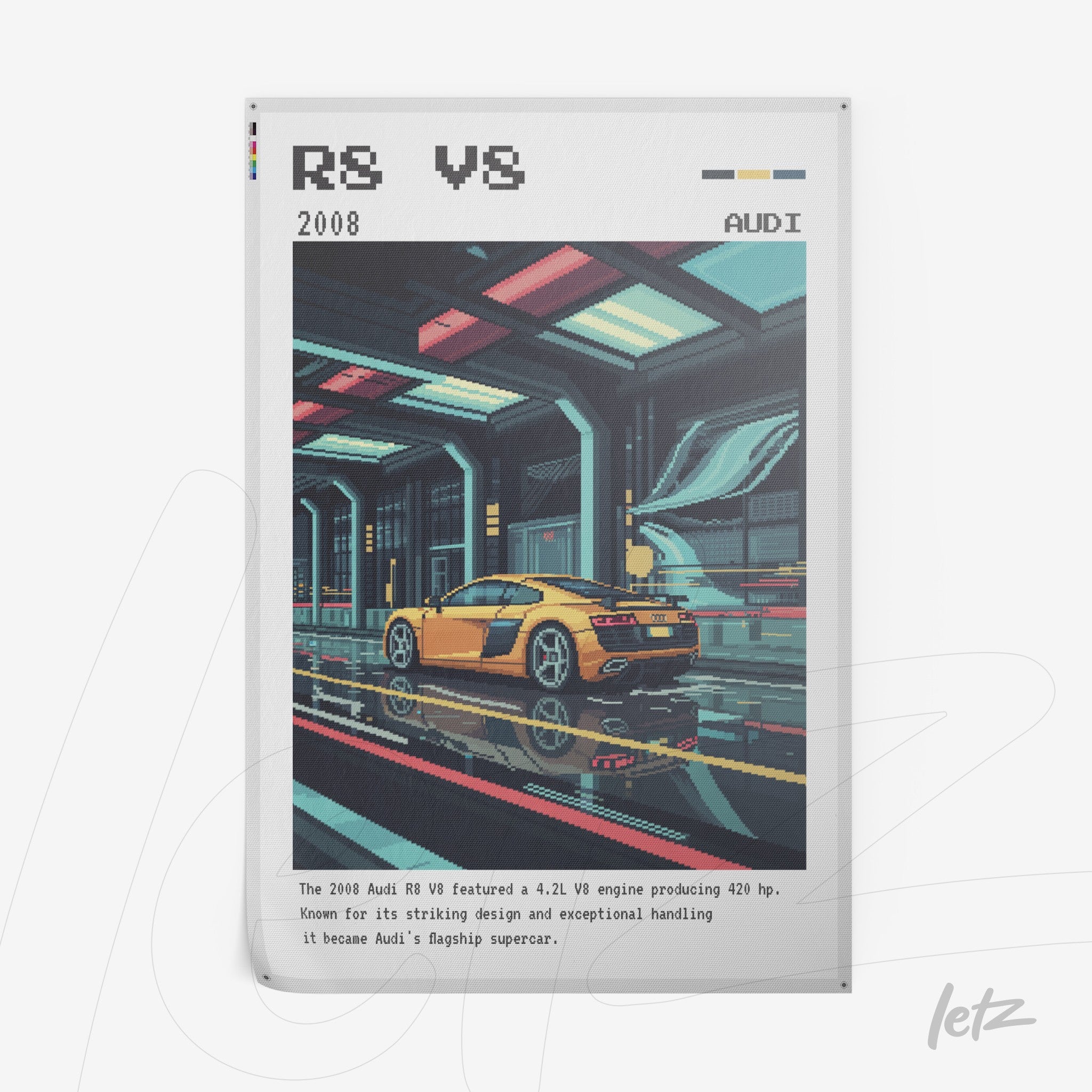 arte digital retrô de carro esportivo amarelo em ambiente futurista com iluminação neon