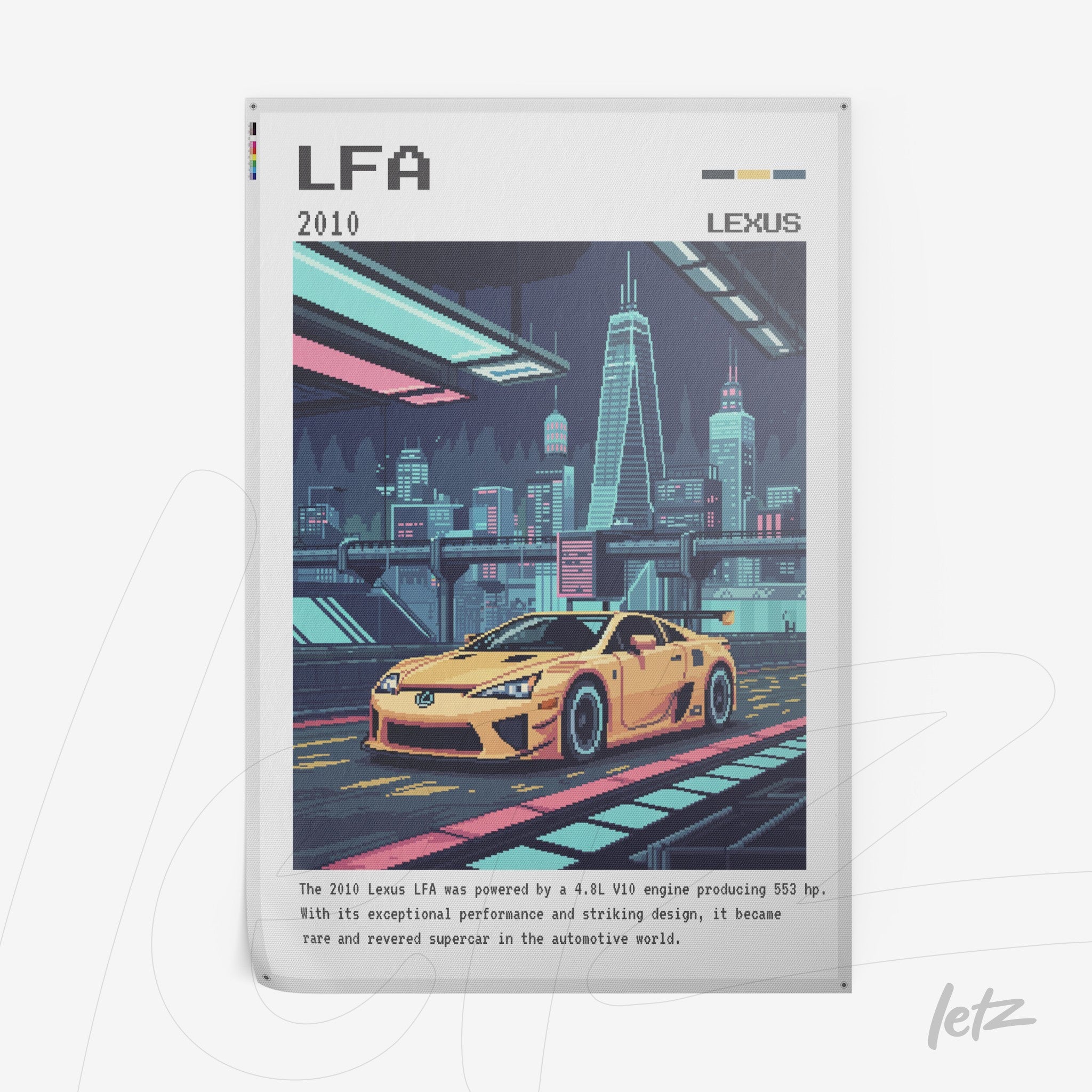 pôster com arte digital do carro esportivo Lexus LFA em estilo retro, exibindo uma cidade futurista ao fundo