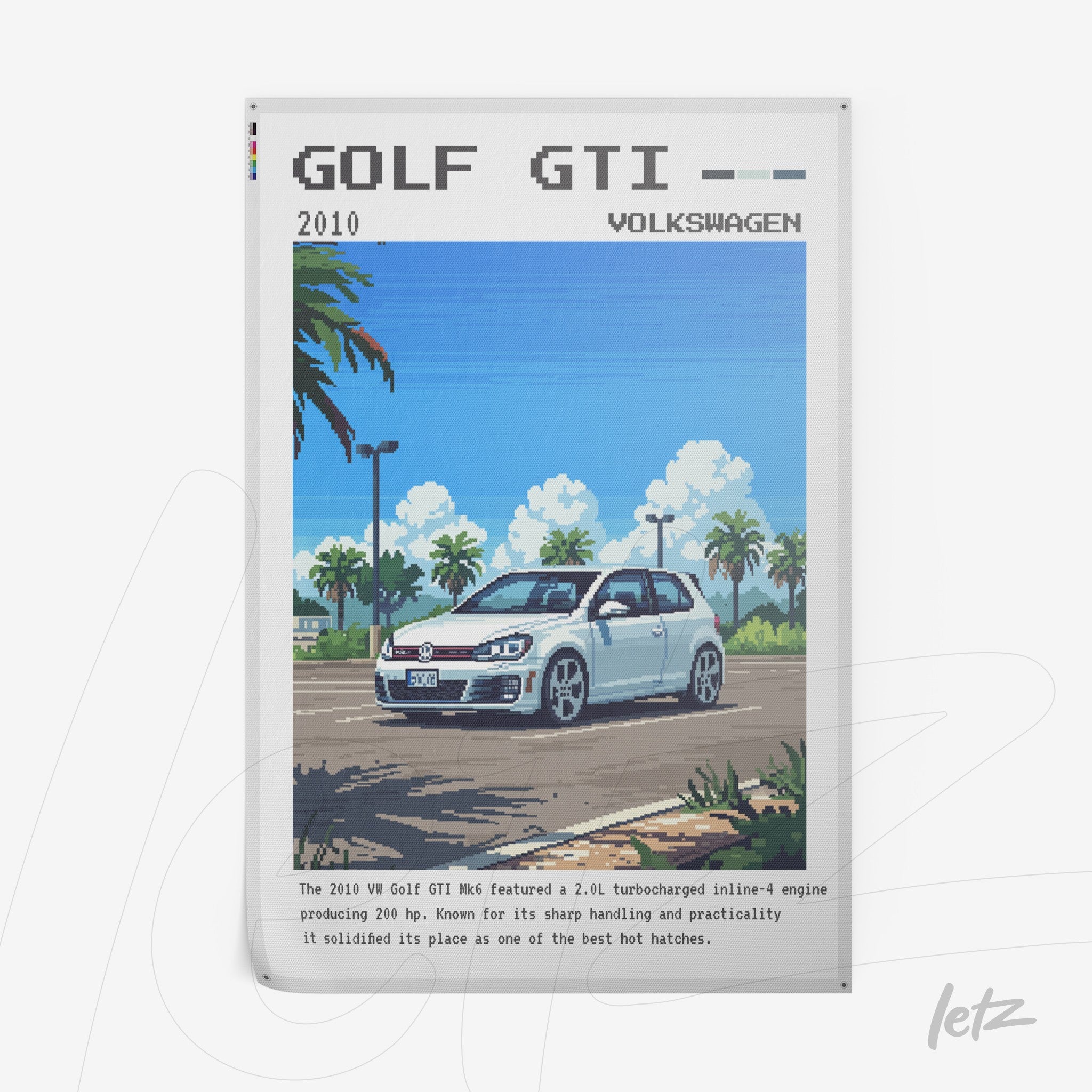 quadro em canvas com arte pixelada do carro Volkswagen Golf GTI 2010 em um cenário de estrada com céu azul