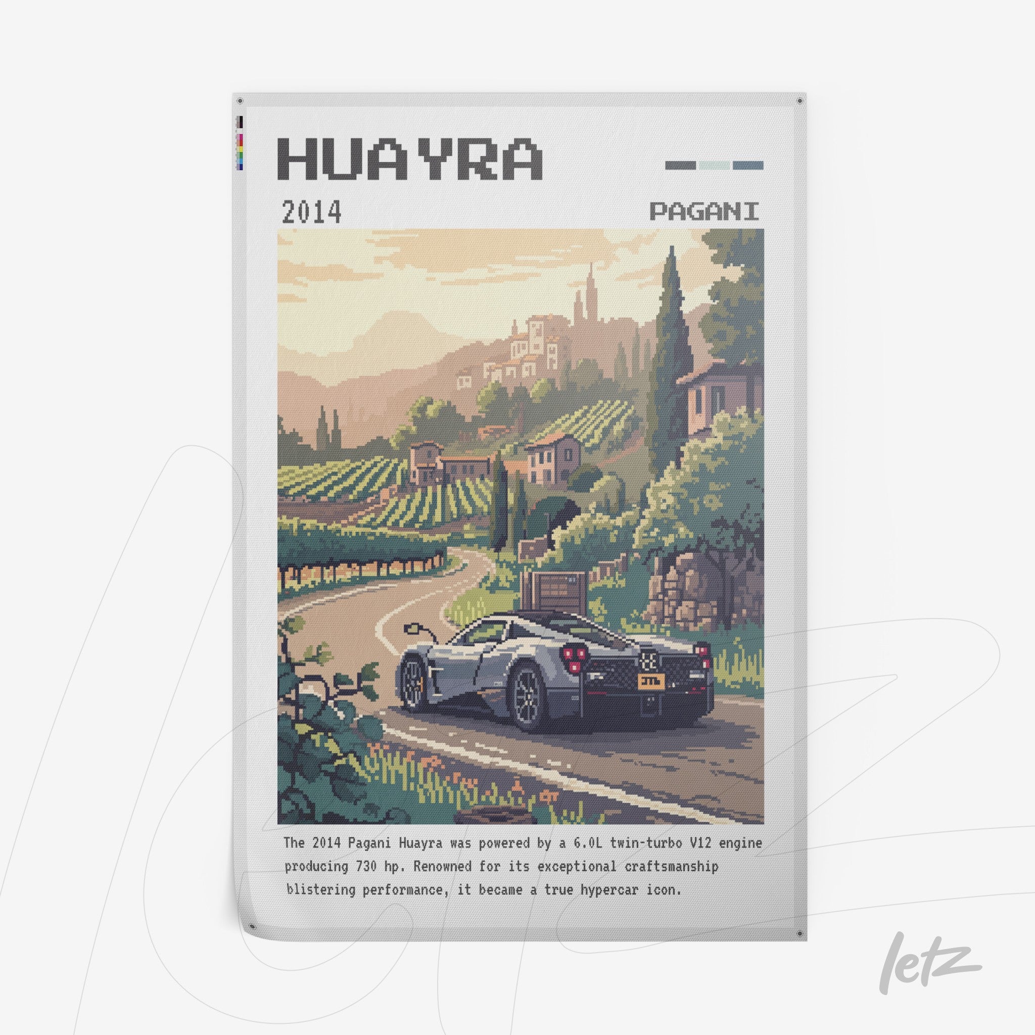 ilustração de arte digital retrô do carro Pagani Huayra em uma paisagem de vinhedos com montanhas ao fundo