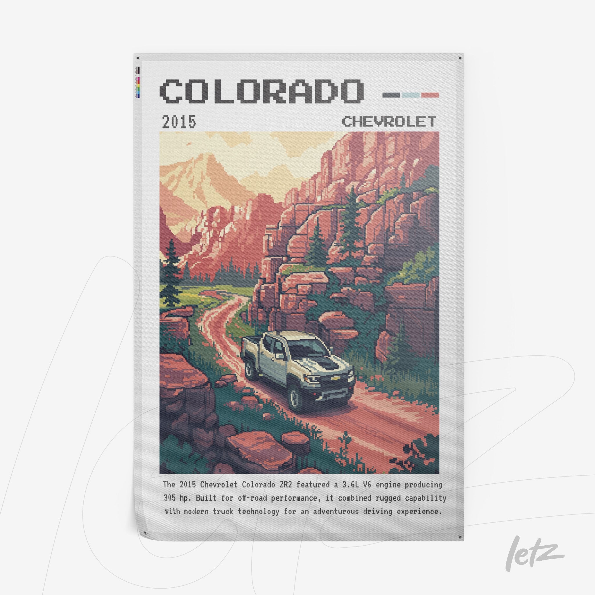 quadro com arte pixelada de uma caminhonete Chevrolet Colorado 2015 em uma estrada montanhosa
