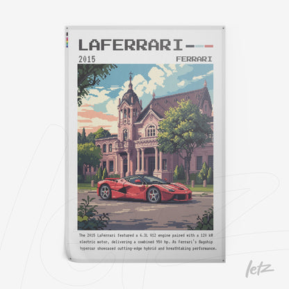 quadro com arte pixelada de um Ferrari LaFerrari em frente a uma mansão em estilo clássico
