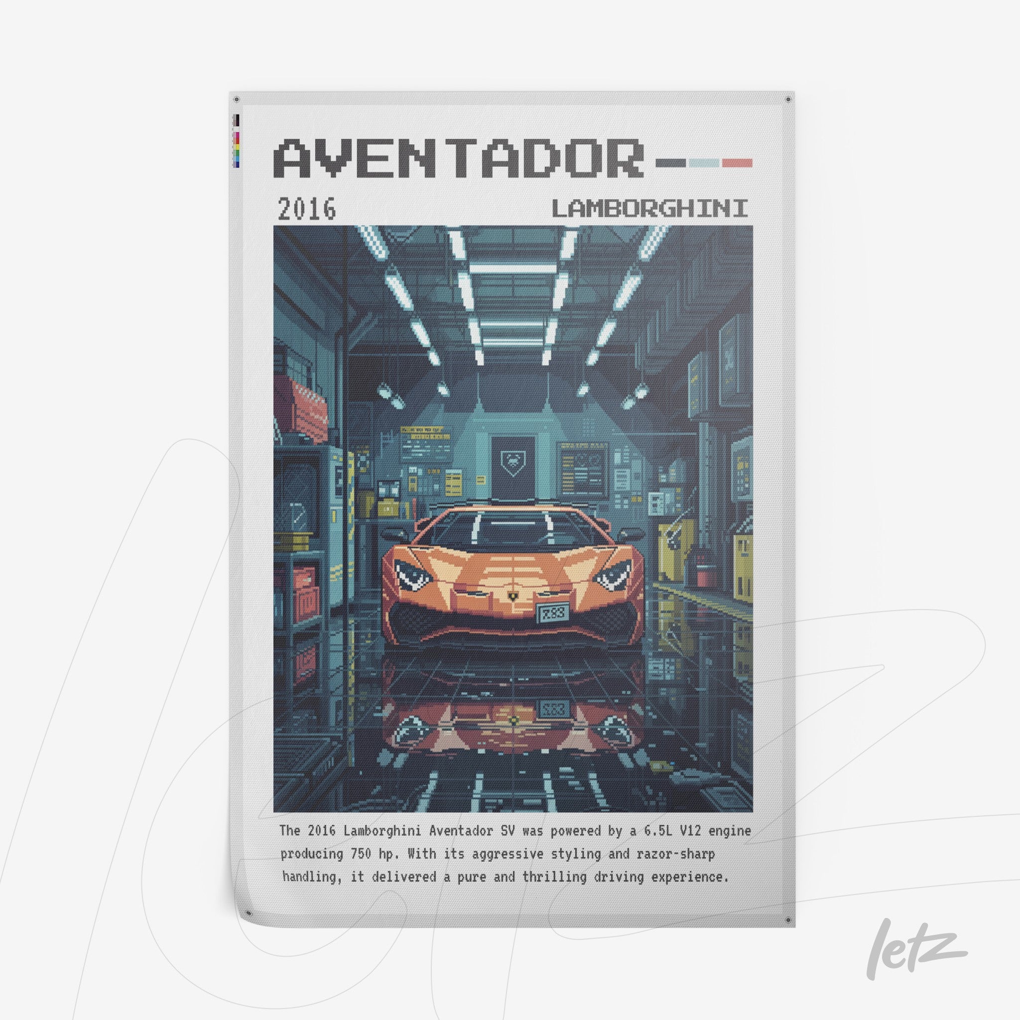 pôster com arte pixelada do carro Lamborghini Aventador 2016 em garagem com luzes artificiais