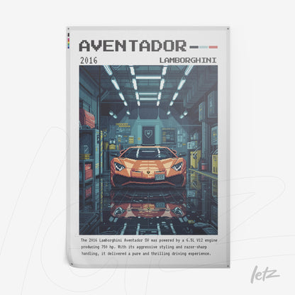 pôster com arte pixelada do carro Lamborghini Aventador 2016 em garagem com luzes artificiais
