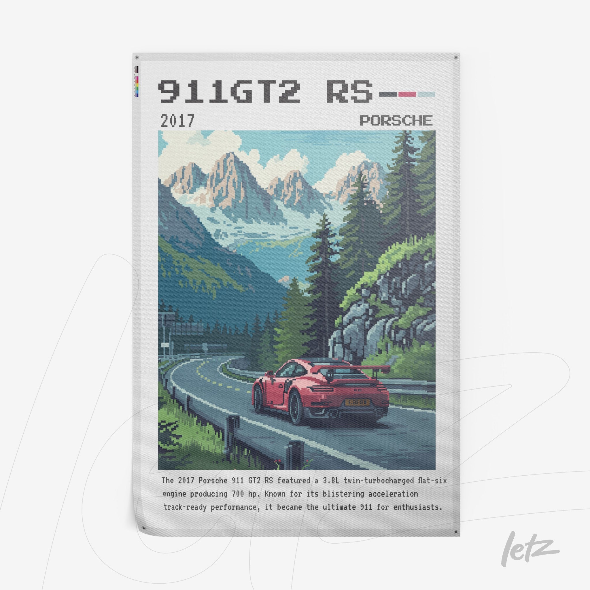 quadro com arte digital do carro Porsche 911 GT2 RS em estilo pixel art, exibido em fundo montanhoso com estrada sinuosa