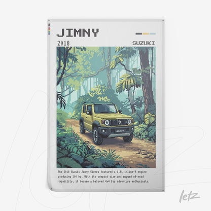 quadro com arte pixelada do Suzuki Jimny 2018 em uma cena de floresta tropical