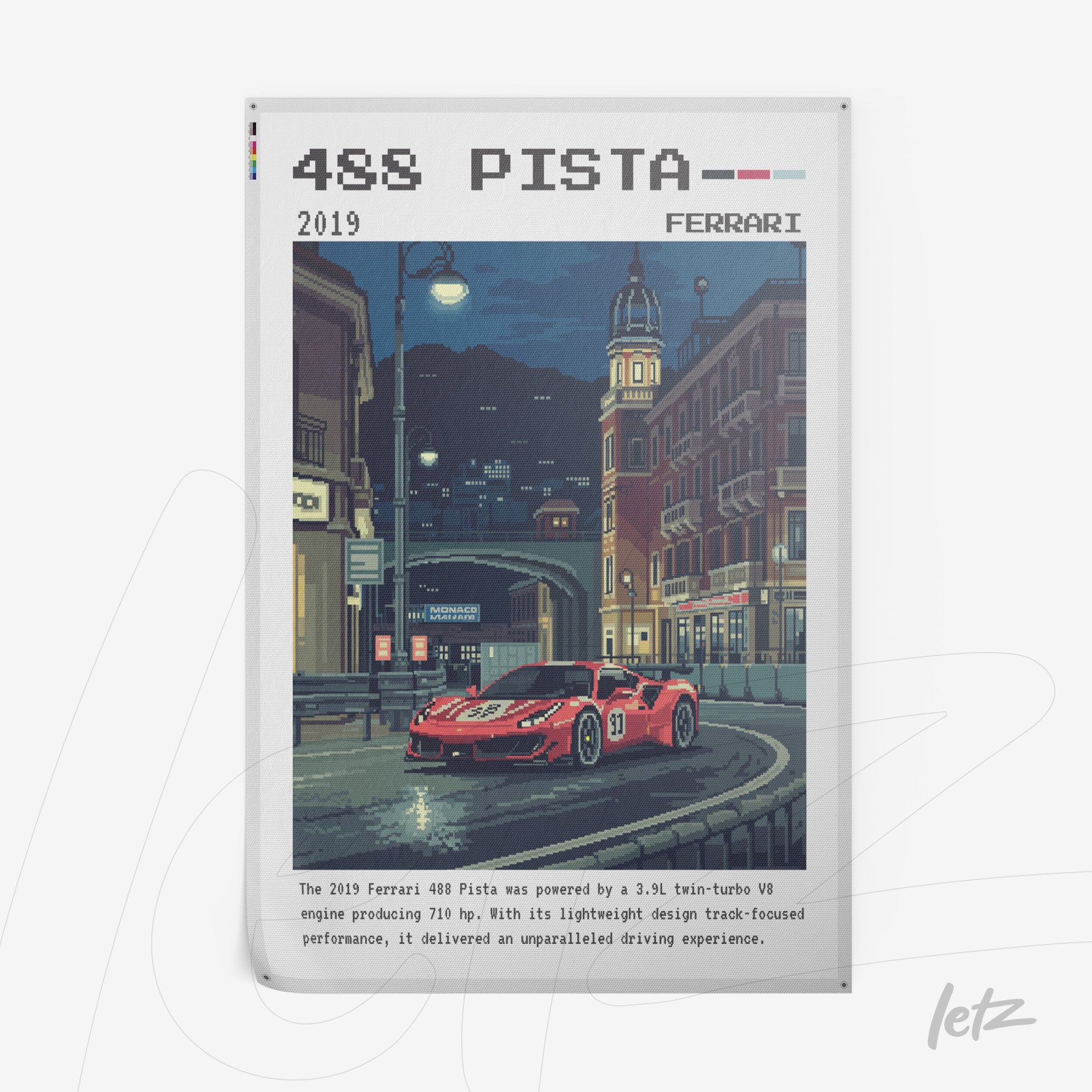 quadro em estilo pixel art do carro Ferrari 488 Pista em uma rua da cidade iluminada à noite