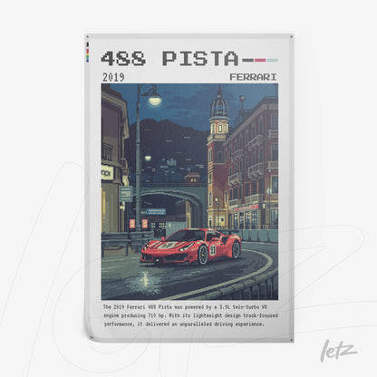 quadro em estilo pixel art do carro Ferrari 488 Pista em uma rua da cidade iluminada à noite