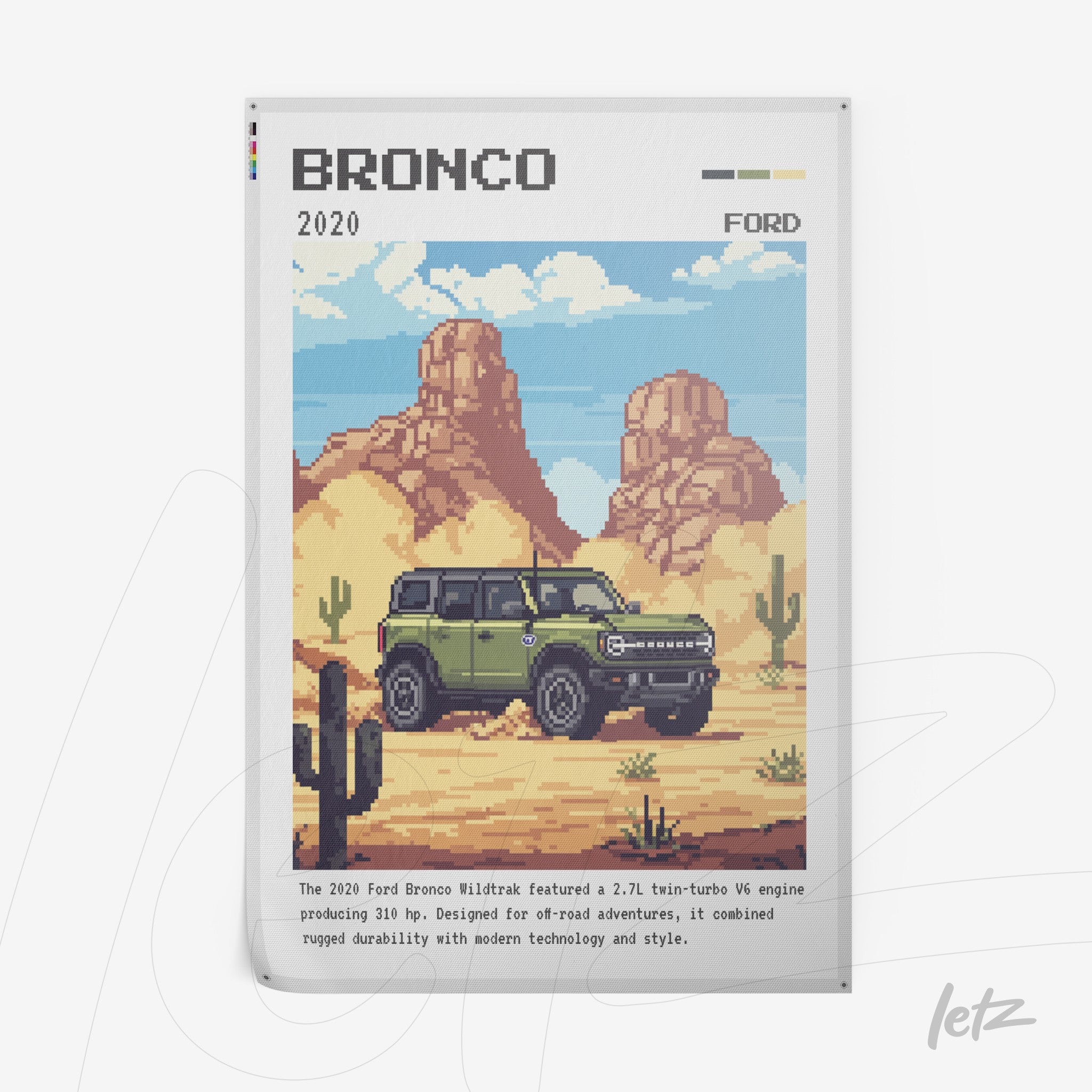 quadro com arte em pixel do Ford Bronco 2020 em uma paisagem desértica, com montanhas e cactos ao fundo