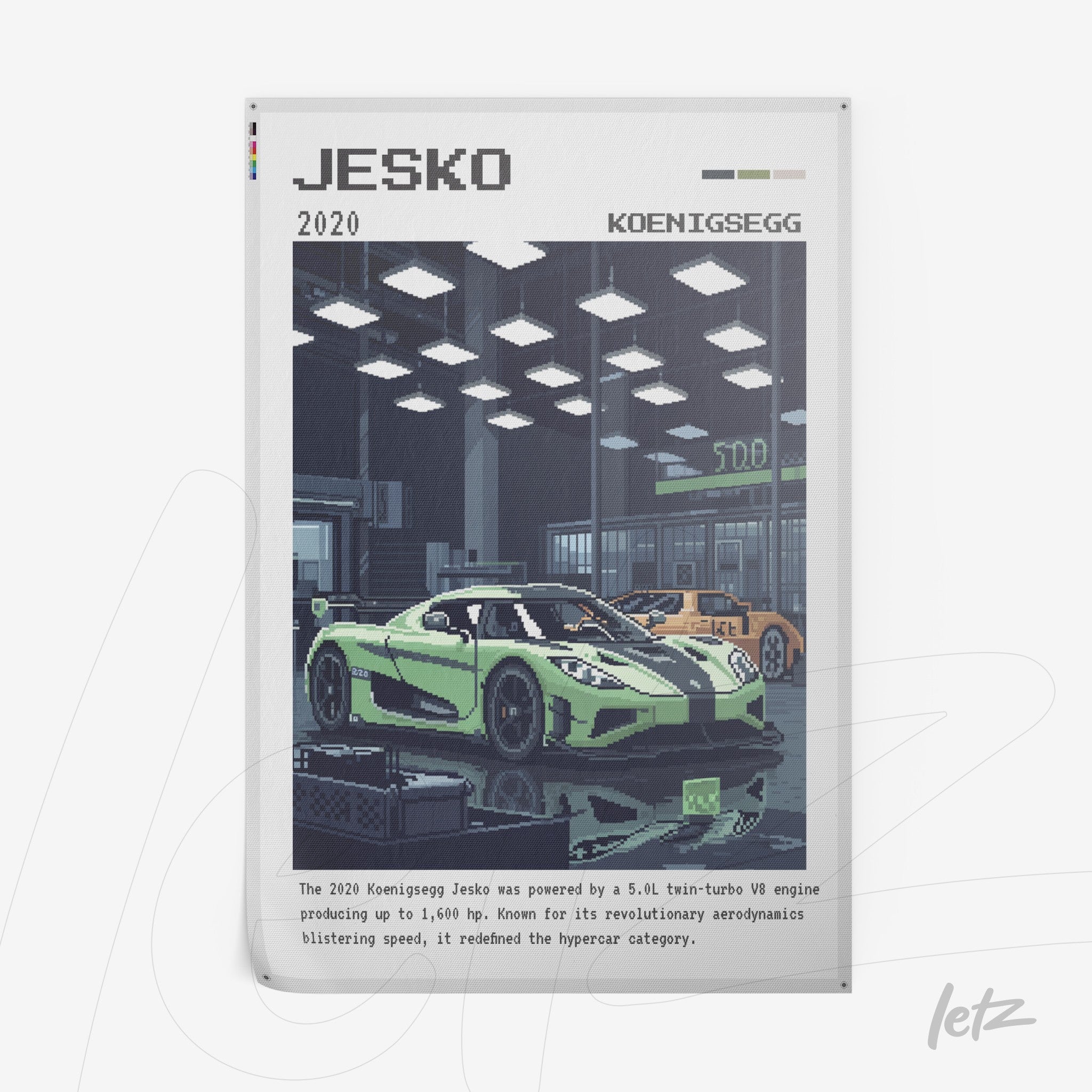 pôster digital com ilustração do carro Koenigsegg Jesko em estilo pixel art, destacando fundo de uma garagem moderna