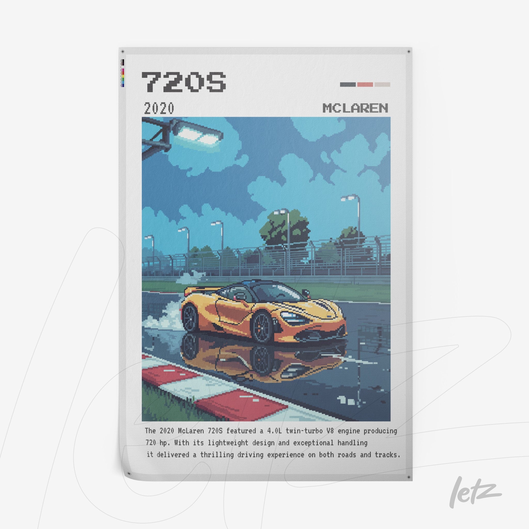 arte digital em estilo pixelado de um carro McLaren 720S amarelo estacionado em um autódromo sob céu nublado
