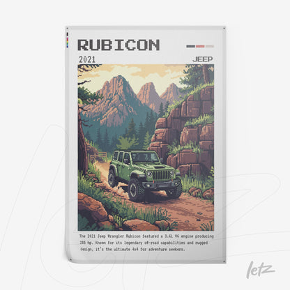 arte digital em tela canvas mostrando um Jeep Wrangler Rubicon 2021 em trilha montanhosa com fundo de montanhas e árvores
