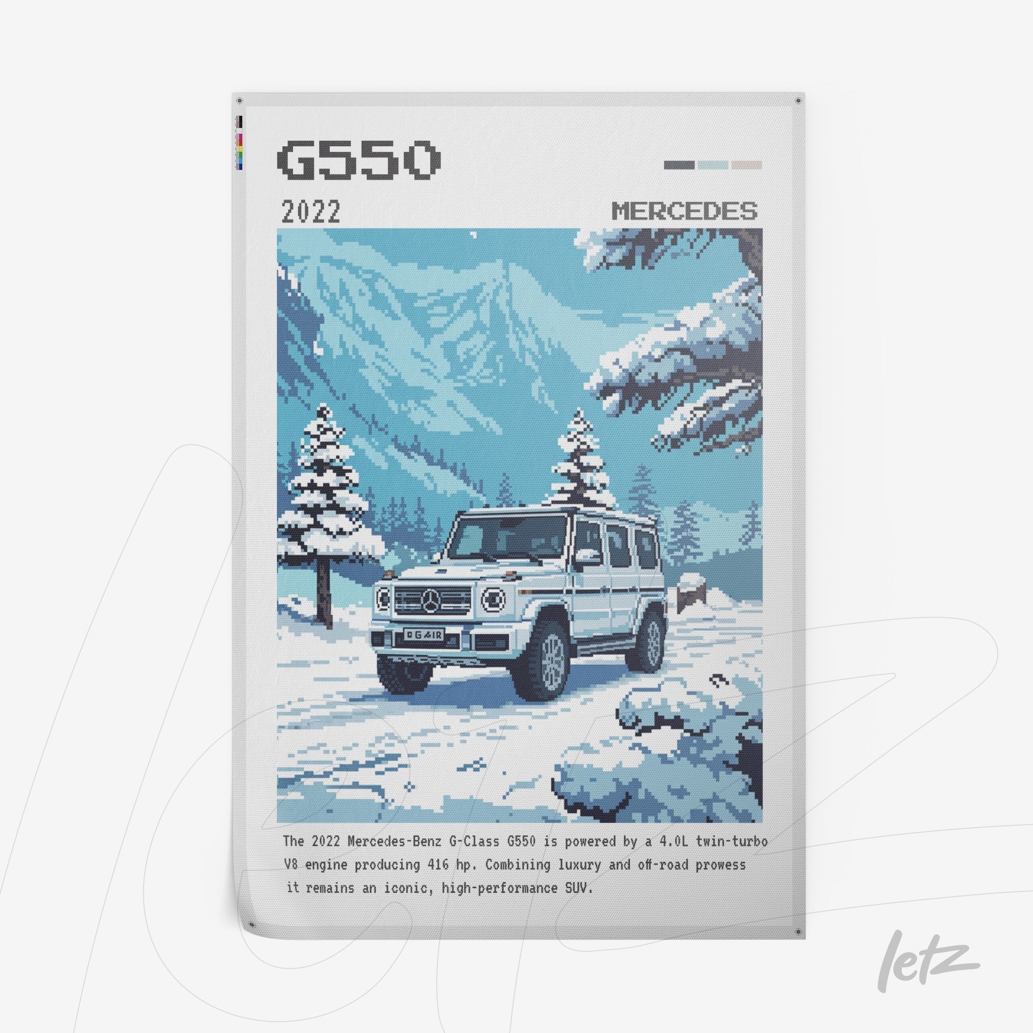 quadro digital com arte pixelada do veículo Mercedes G550 em um ambiente montanhoso coberto de neve